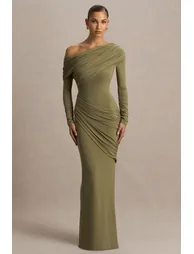 فستان ماكسي مزموم بياقة غير متناظرة - أخضر