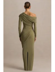 فستان ماكسي مزموم بياقة غير متناظرة - أخضر - 1