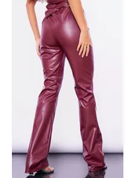 Cherry Red Faux Leather Mid Rise Pin Tuck Straight Leg Trousers - 2