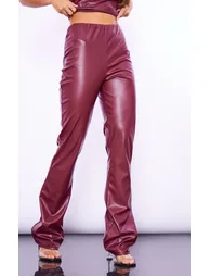 Cherry Red Faux Leather Mid Rise Pin Tuck Straight Leg Trousers - 1