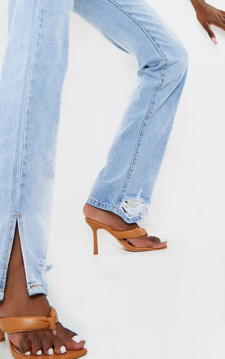 Tall Light Blue Wash Distressed Split Hem Straight Leg Jeans - 3
