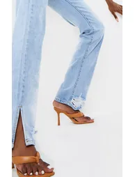 Tall Light Blue Wash Distressed Split Hem Straight Leg Jeans - 3