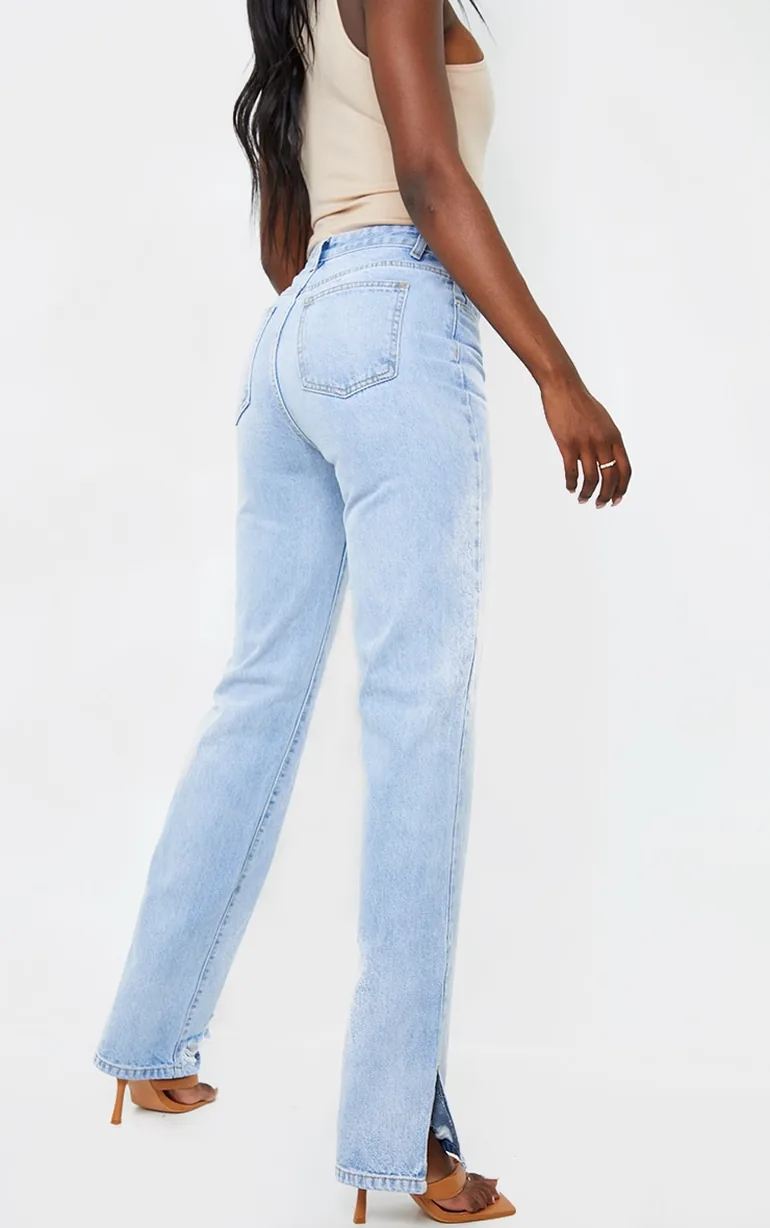 Tall Light Blue Wash Distressed Split Hem Straight Leg Jeans - 2