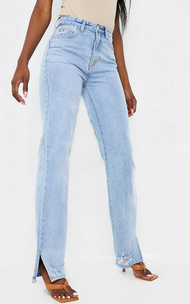Tall Light Blue Wash Distressed Split Hem Straight Leg Jeans - 1
