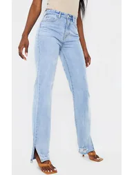 Tall Light Blue Wash Distressed Split Hem Straight Leg Jeans - 1
