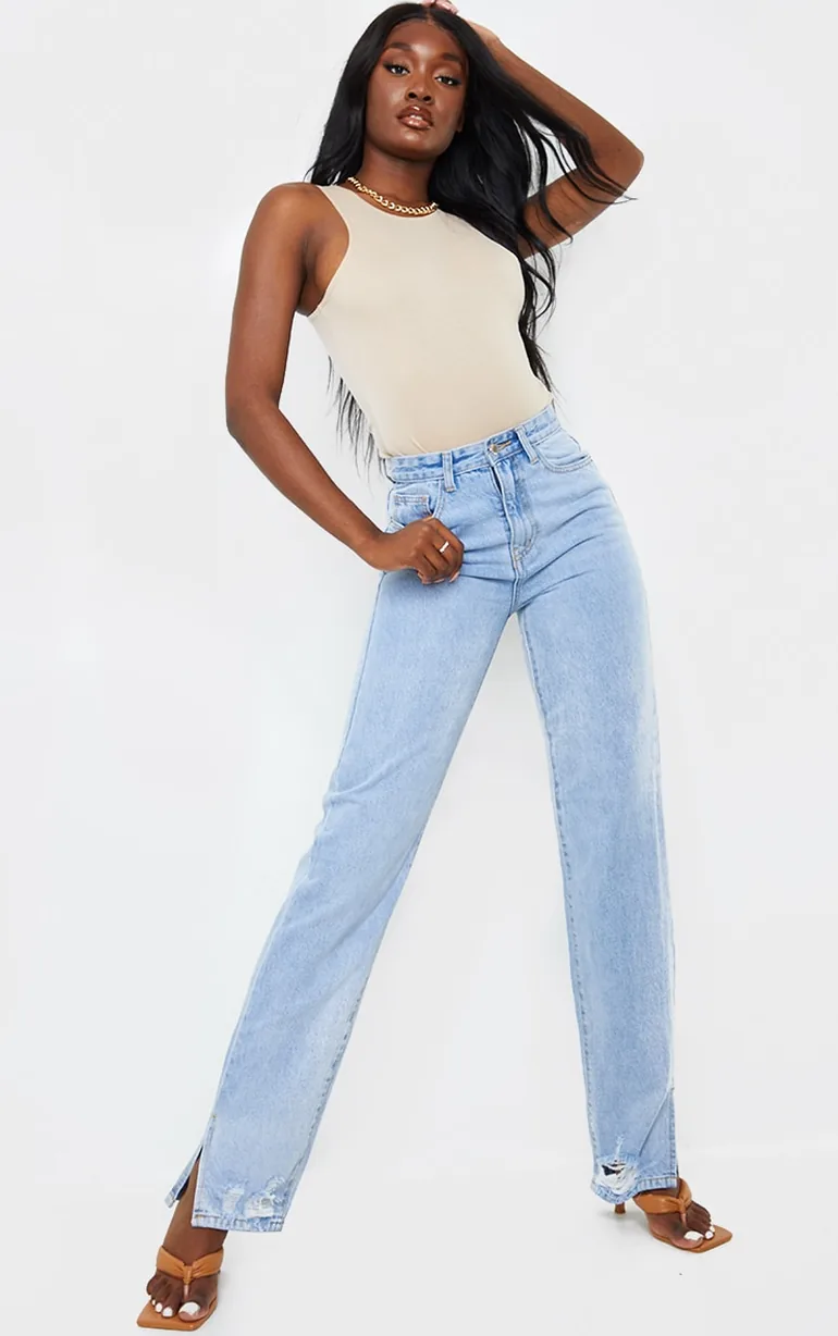 Tall Light Blue Wash Distressed Split Hem Straight Leg Jeans