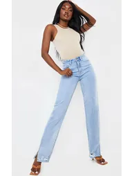 Tall Light Blue Wash Distressed Split Hem Straight Leg Jeans