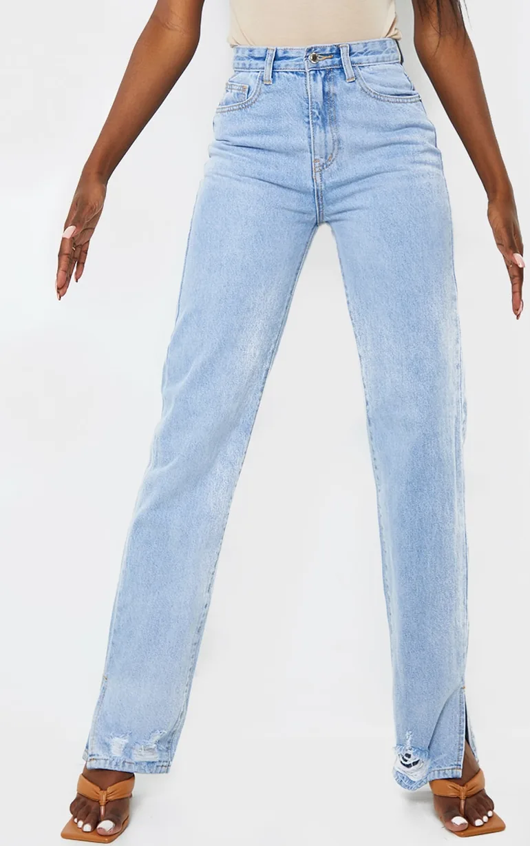 Tall Light Blue Wash Distressed Split Hem Straight Leg Jeans - 4