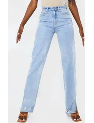 Tall Light Blue Wash Distressed Split Hem Straight Leg Jeans - 4