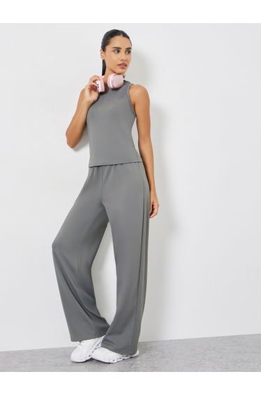 Solid Crop Top and Loose Straight Pants Set