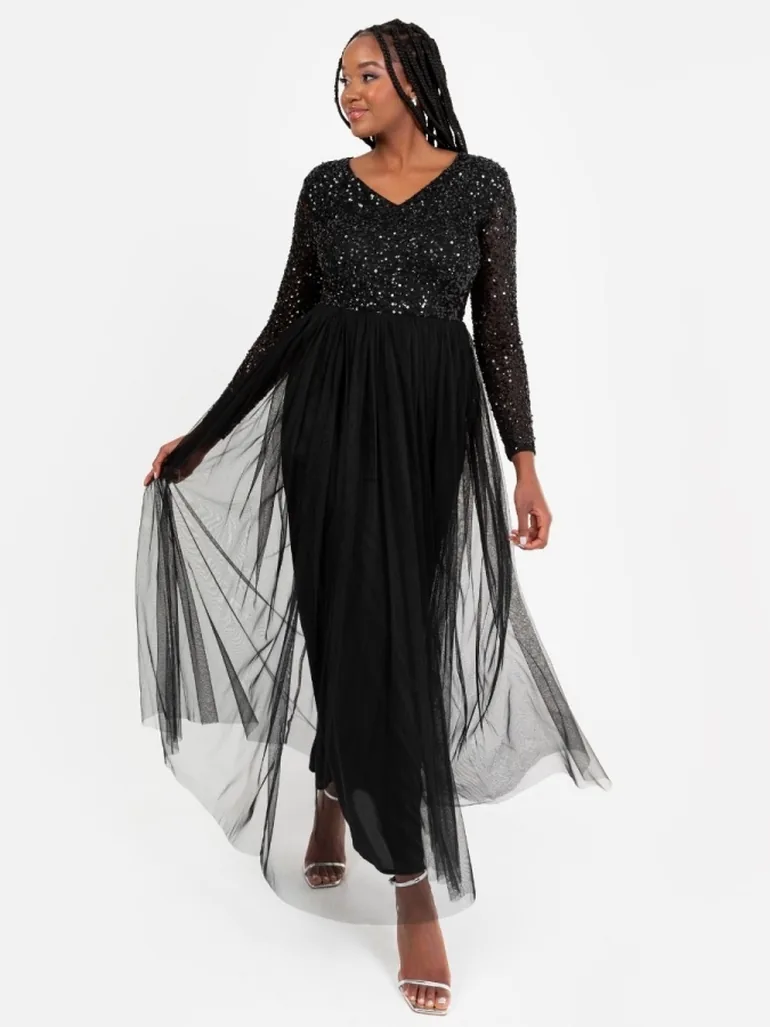 Shop Maya Black V Neck Embellished Long Sleeve Maxi Dress Online in Bahrain Shop Maya Black V Neck Embellished Long Sleeve Maxi Dress Online in Bahrain