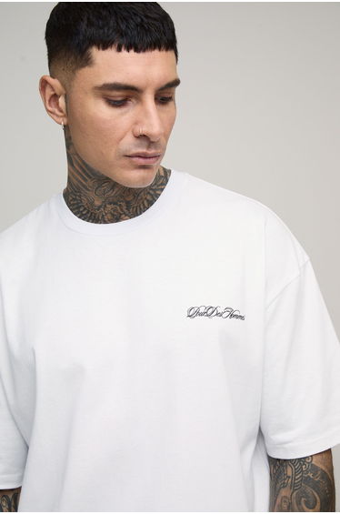 Tall Oversized Boxy Pour Homme Over The Seam Print T-Shirt - white