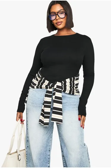 توب بوهو قطن أسود بأكمام طويلة -للمقاسات الكبيرة