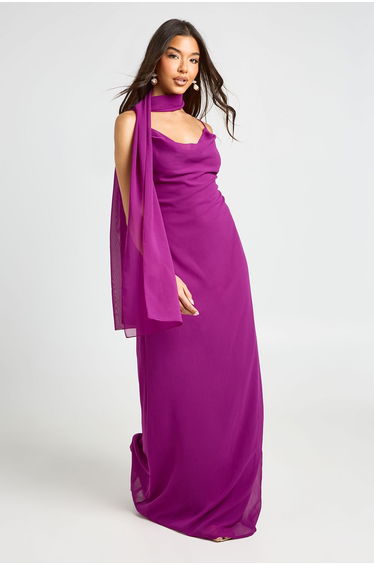 Chiffon Cowl Neck Maxi Dress With Scarf - violet
