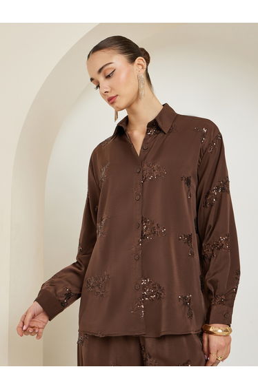 Women Sequined Embroidered Evening Satin Shirt