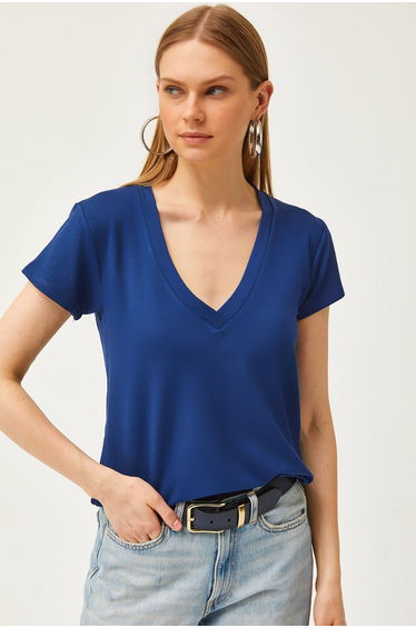 Women's Navy Blue Deep V-Neck Modal Button T-Shirt