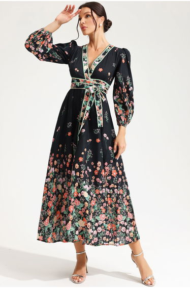 Marie-Paule Floral V-Neck Midi Dress Black