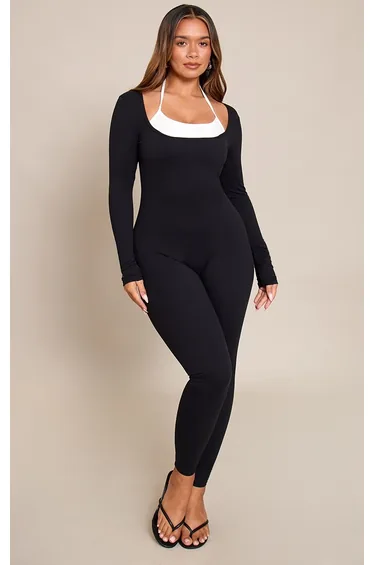 Shape Black Contrast Active Sculpt Long Sleeve Jumpsuit