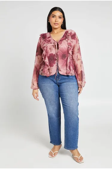 Plus Chiffon Ruffle Plunge Blouse - rose