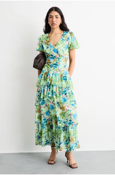 Floral Dropped Waist Puff Sleeve Tiered Midi Dress