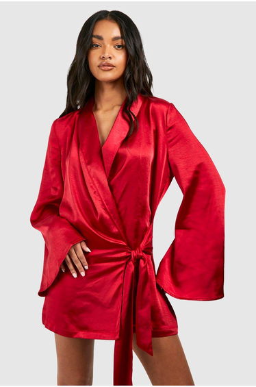 Satin Wrap Shirt Dress - raspberry