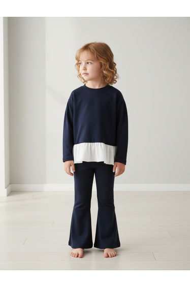 Girls Solid Ruffle Hem Sweatshirt with Flare Pants Set