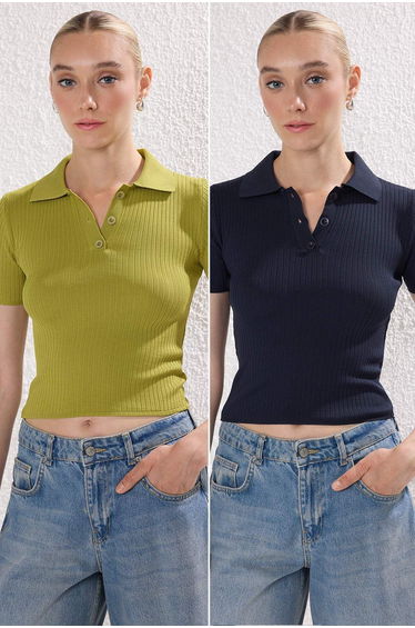 Navy-Green Basic Polo Neck Double Pack Knitwear Thin Blouse