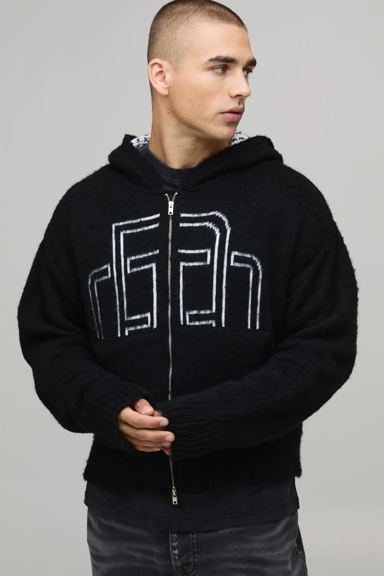 Boxy Fluffy BM Zip Thru Knitted Hoodie - black