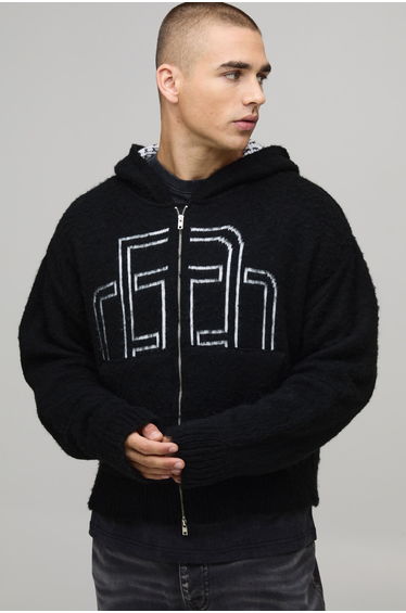 Boxy Fluffy BM Zip Thru Knitted Hoodie - black