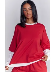 Petite Red Double Layer Long Sleeve Boxy T-Shirt - 1