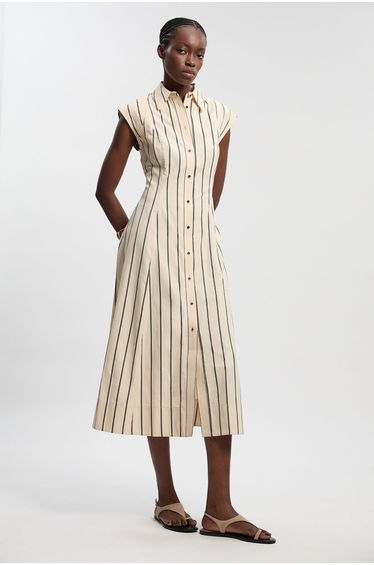 Mono Stripe Cotton Top Stitch Woven Shirt Dress