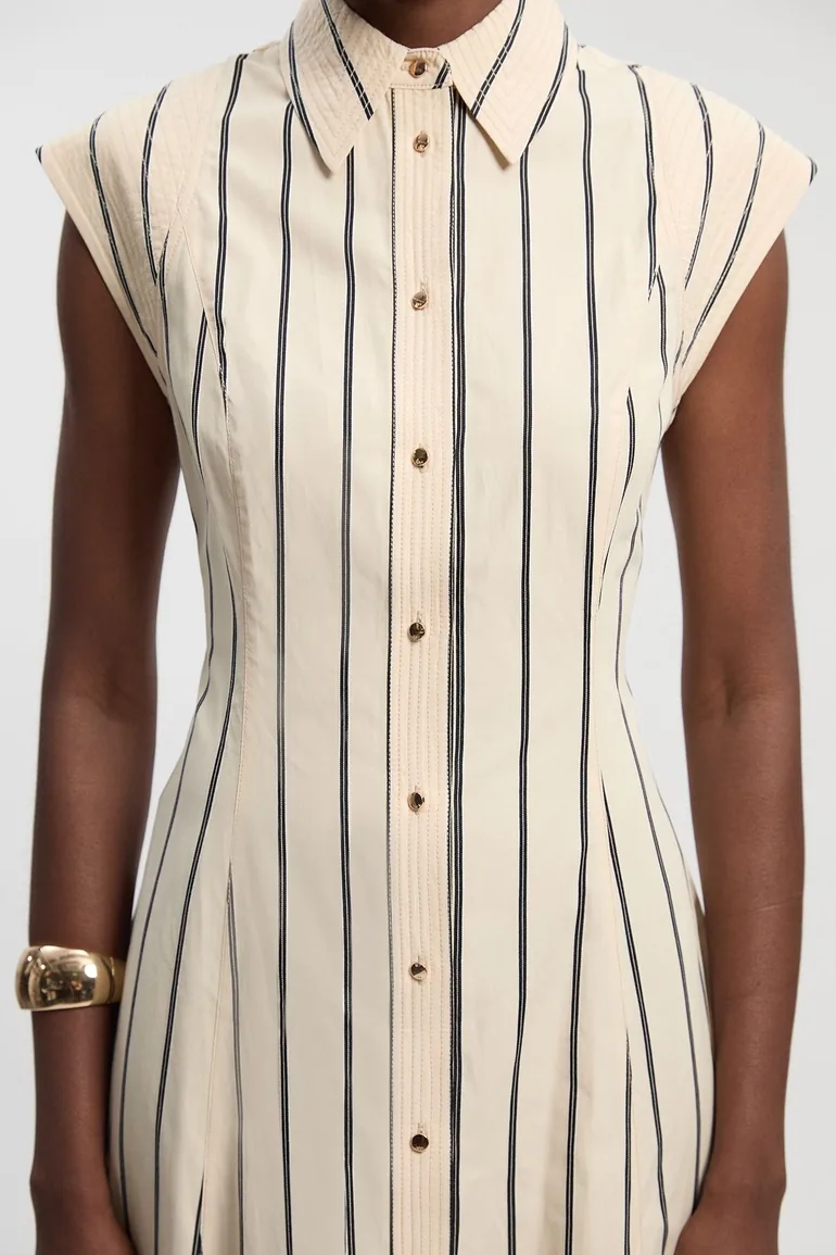 Mono Stripe Cotton Top Stitch Woven Shirt Dress - 2