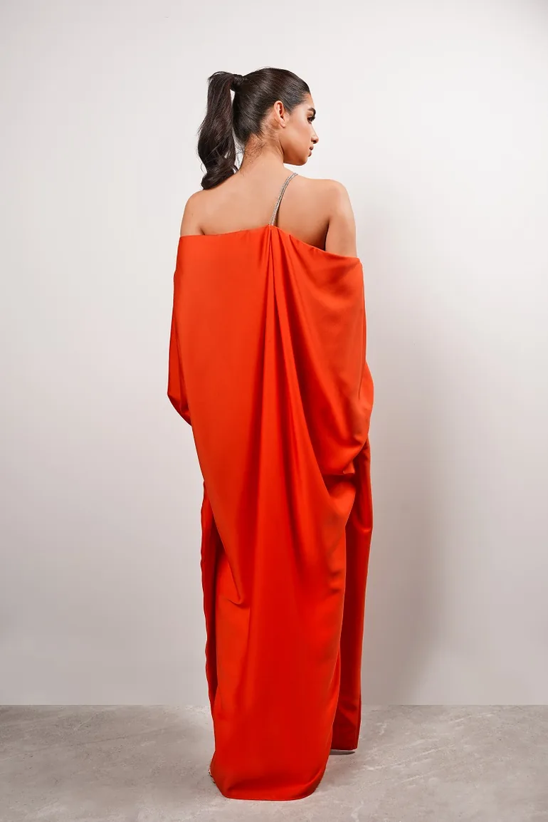 orange diamante dress It's all in the details 'Burnt Orange Diamante Strappy Cowl Gathered Skirt Midi Dress'