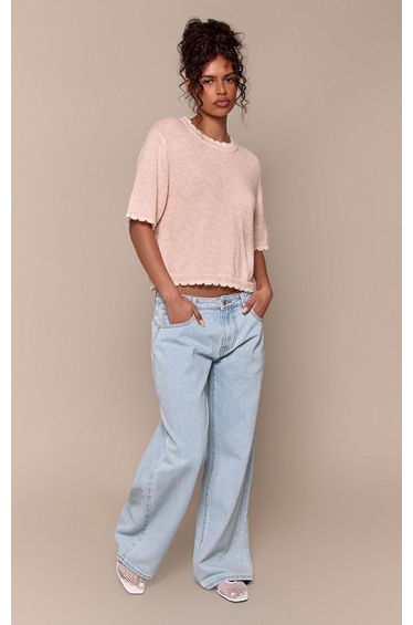 Pink Wool Blend Contrast Scallop Edge Knit T-Shirt