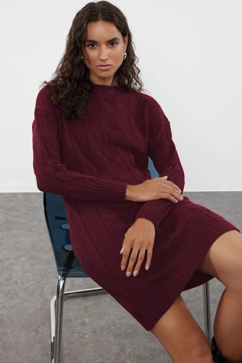 Burgundy Hair Knit Short / Mini Knitwear Crew Neck Knitwear Dress Trendyol  Red : Day Dresses : VogaCloset Oman
