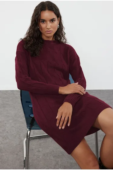 Burgundy Hair Knit Short / Mini Knitwear Crew Neck Knitwear Dress