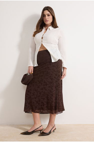 Brown Flock Patterned Knitted Plus Size Skirt