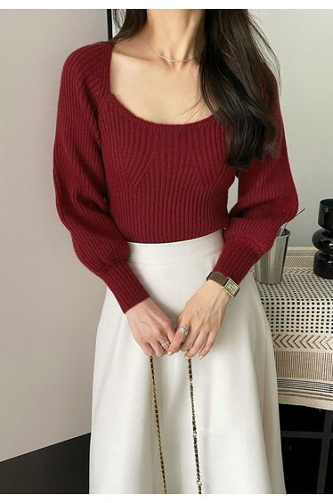 Wide Round Neck Rib Knit Top in Burgundy