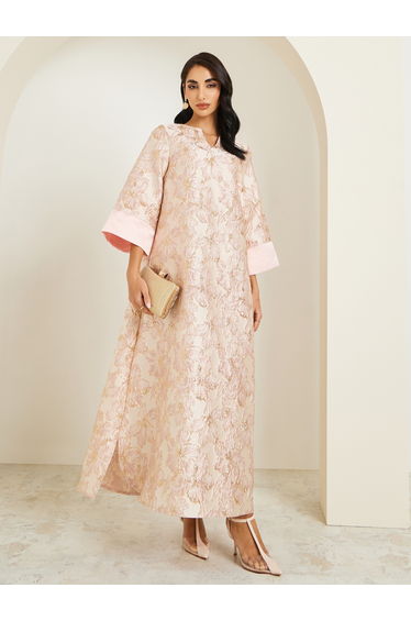 Women Pink Floral Jacquard Maxi Jalabiya