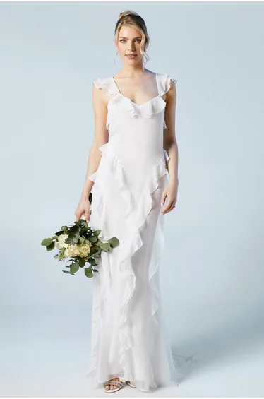 Flutter Sleeve Ruffle Detail Chiffon Bridal Floor Length Dress