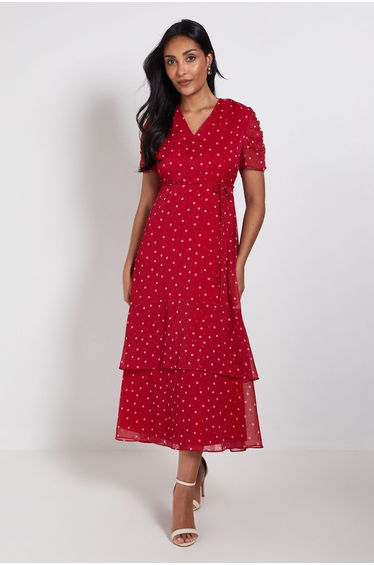 Petite Polka Dot Glitter Ruffle Midi Dress