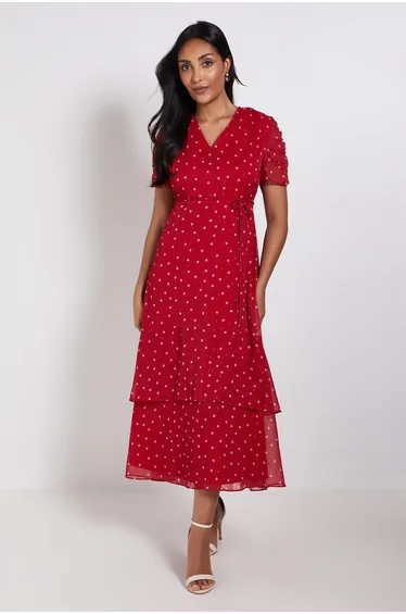 Petite Polka Dot Glitter Ruffle Midi Dress