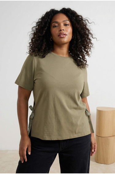 Light Khaki Side Bow Tie Detail Loose Fit Plus Size T-Shirt