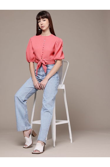 Women Pink Textured Crop Top
