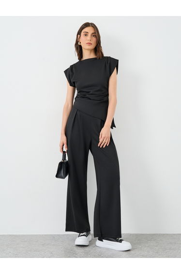 Black Asymmetric Hem Top and Wide Leg Pants Co-Ords