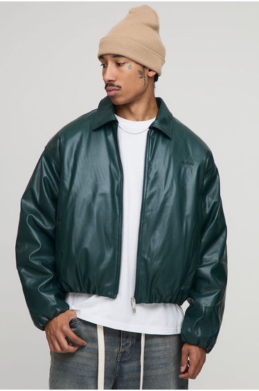 Oversized Boxy Padded PU Fold Collar Bomber Jacket - forest
