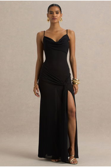 Virtue | Black Cowl-Neck Fishtail Maxi Dress With Split