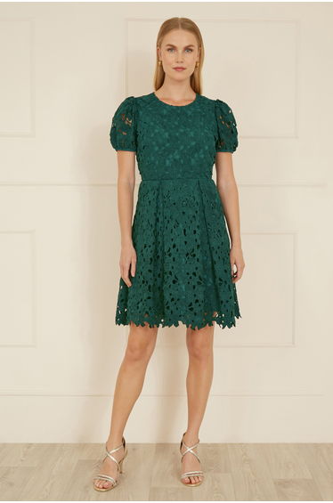 Yumi Green Lace Skater Dress With Puff Sleeves