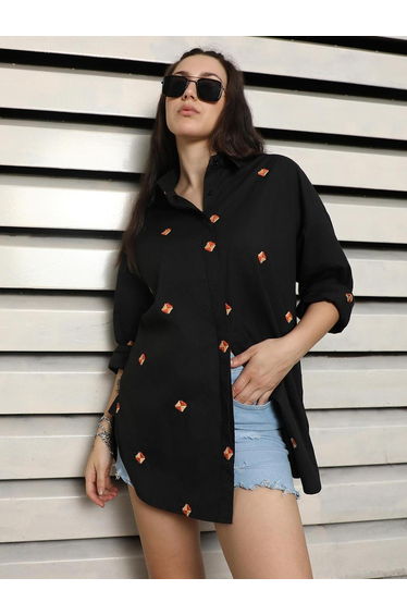 Black Oversized Embroidered Casual Shirt