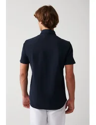 Men's Navy Blue Easy-to-Iron Classic Collar Knitted Lycra Cotton Slim Fit Slim Fit Short Sleeve Shirt - 4